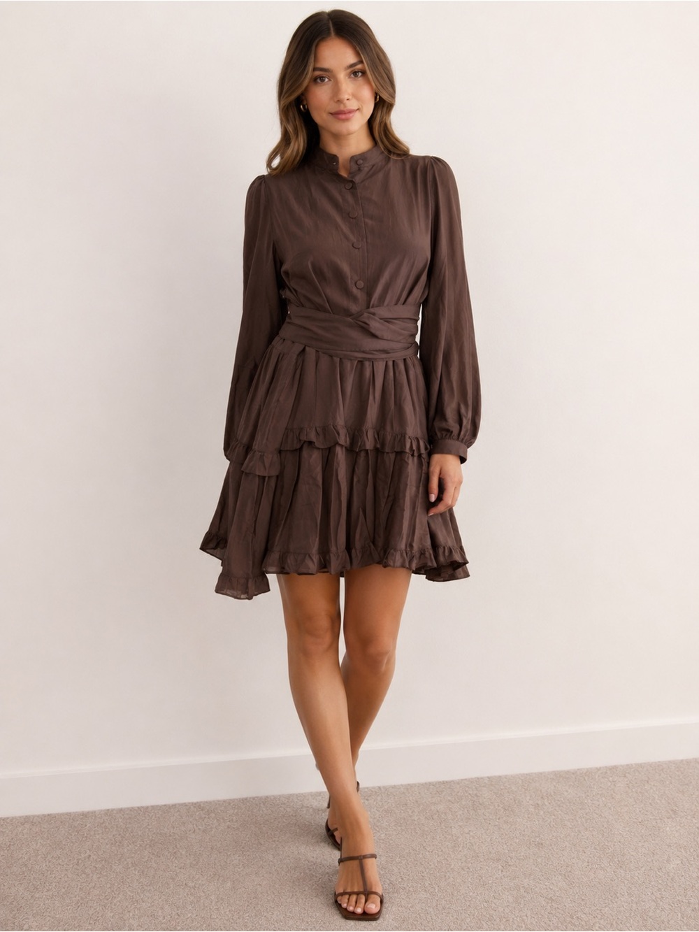 Morton Mac Anthea Long-Sleeve Brown Tiered Ruffle Dress with Waist Tie